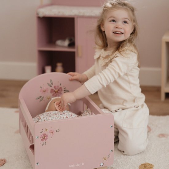 Little Dutch Poppenbed &ndash; Soft Flowers &ndash; Roze Hout